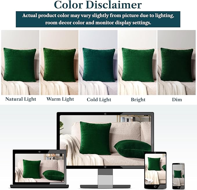 PAVILIA Emerald Green Throw Pillow Covers 18x18 Set of 2, Decorative Pillow Cases for Bed Sofa Couch, Boho Aesthetic Accent Decor Cushion Bedroom Living Room, Velvet Square Euro Sham Cover, Dark Green