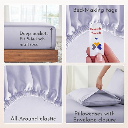 California Design Den King Size Sheets Set - Natural 100% Cotton Sheets King, Soft Sateen Weave, Fully Elasticized Deep Pockets, Breathable and Durable Bedding - Lavender