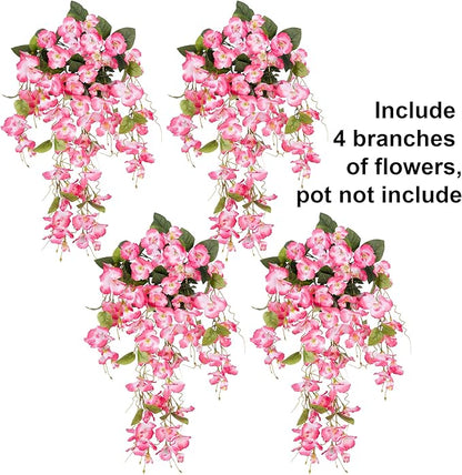 Fake Hibiscus Artificial Hanging Flowers Plants for Outdoors Spring Decoration, 4pcs Silk Hibiscus Vines Realistic UV Resistant Pink Faux Flowers for Outside Planter Porch Patio Yard Wedding Party Urn
