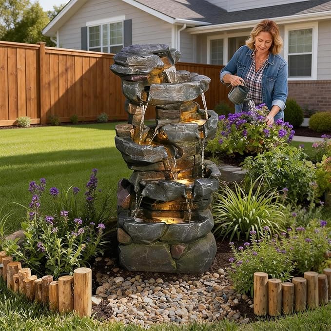 50.6" H Outdoor Water Fountain with 3 Tiers Large Cascading Realistic Tree Trunk Waterfall Fountains with LED Lights Outdoor Water Fountain for Garden Patio Backyard Porch Home Decor