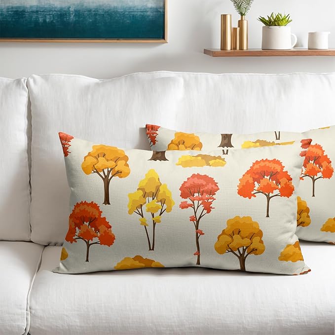 Fall Lumbar Pillow Covers 12x20 Set of 2 Red Orange Maple Tree Leaf Autumn Outdoor Pillows Case with Zipper Forest Print Pattern Decorative Cushion Rustic Decoration Farmhouse Sofa Couch Bed Decor