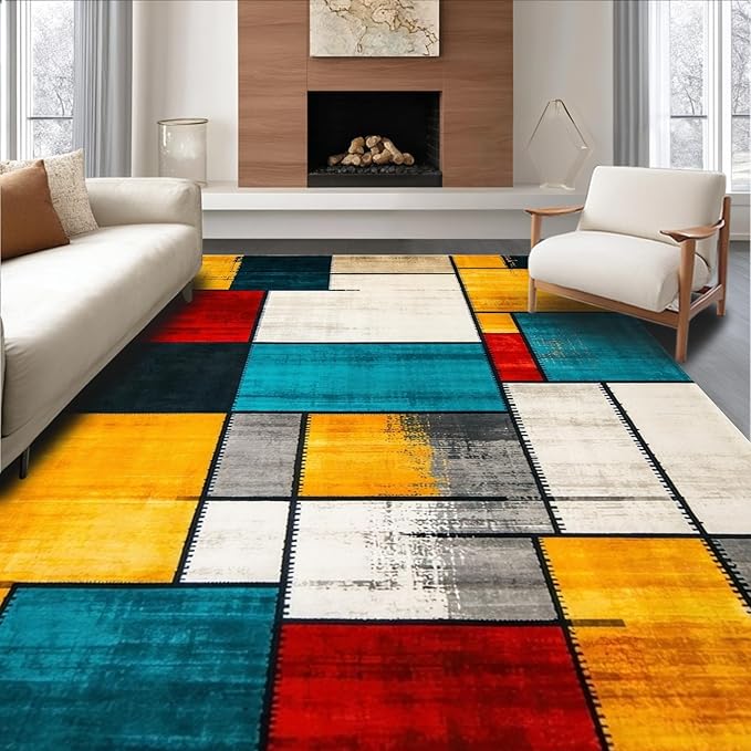 Flatwoven High Traffic Area Rug 8x10, Eclectic Mosaic Patchwork with Distressed Abstract Shapes and Lines, Non Slip, Stain Resistant, Washable Area Rugs for Living Room, Bedroom (Red, 8x10)
