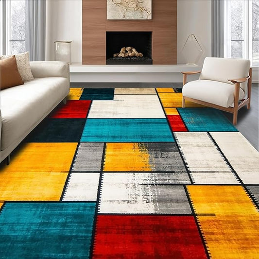 Flatwoven High Traffic Area Rug 5x7, Eclectic Mosaic Patchwork with Distressed Abstract Shapes and Lines, Non Slip, Stain Resistant, Washable Area Rugs for Living Room, Bedroom (Red, 5x7)