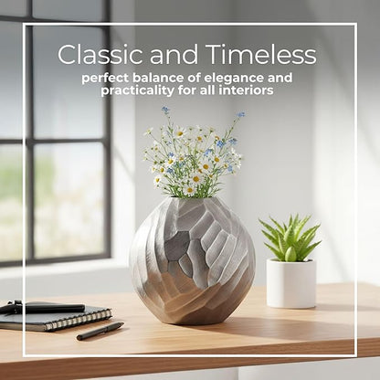 Flower Vase for Home Decor – Modern Hammered Metal Accent, Decorative Centerpiece for Floral Arrangements on Dining Table, Coffee Table, or Office, Stylish Home Accessories – 10", Silver