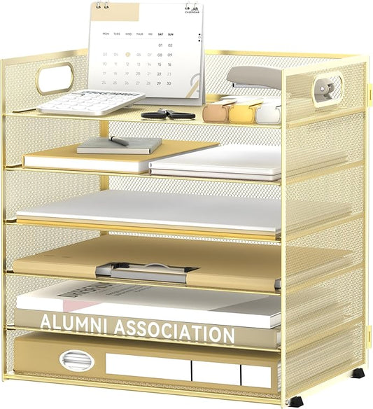 Daltack 6 Tier Paper Organizer for Desk, Paper Letter Tray Organizer for Desks, Mesh Desk File Organizers with Handle for Office, Home, School, Gold