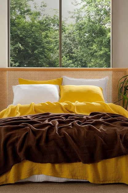 Muslin Blanket - Pure 100% Turkish Cotton Airy Soft Light Versatile Gauze Throw Blanket for Bed, Couch, Sofa (Mustard Yellow, King Size (95" x 110" inch))
