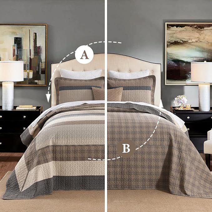 SahSahCasa 128"x120" 100% Cotton Oversized California King XL Bedspread Coverlet Quilt Set, Cal King Quilted Striped Bedspread Extra Large Quilt, Bed Spread Lightweight Comforter,Charcoal/Beige/Brown