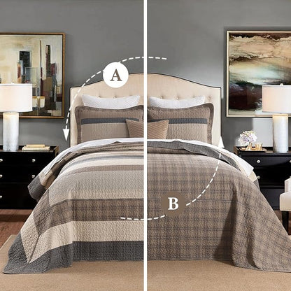 SahSahCasa 120"x120" 100% Cotton Oversized California King Bedspread Coverlet Quilt Set, Cal King Quilted Striped Bedspread Extra Large Quilt, XL Bed Spread Lightweight Comforter,Charcoal/Beige/Brown