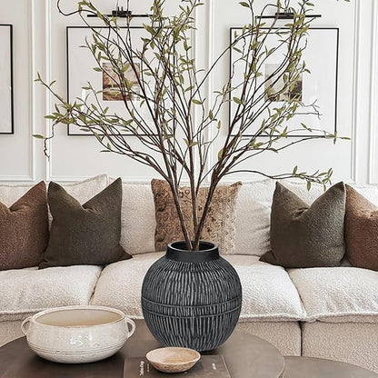 7" Short Rustic Vase with Geometric Linear Striations, Round Ceramic Vase Suitable for Leaves Stems & Flowers, Low-Profile & Cool Tone Style, Chunky, Small & Dark Grey