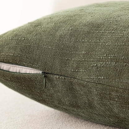 Foindtower Pack of 2 Textured Chenille Throw Decorative Pillow Covers Square Accent Solid Cushion Cover Neutral Farmhouse Lumbar Pillow Case for Couch Sofa Bedroom Living Room 12x24 Inch,Dark Green