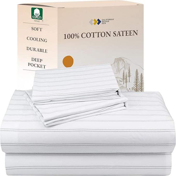 California Design Den Stripe Sheets Queen Size, 100% Cotton Sateen Printed Pattern, Deep Pocket Queen Sheets & Pillowcase Set - Classic Stripe