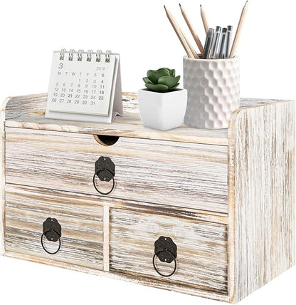 Wood Desk Organizer with Drawer, Vintage Brown Wooden Desktop Organizer, Tabletop Storage Organization Box for Countertop, Home Office Supplies (3 Drawer and Shelf)