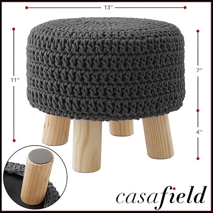 Casafield Pouf Ottoman Footstool, 13" Round x 11" High, Hand-Knitted Cotton Footrest, Non-Skid Wood Legs, Boho Foot Stool for Living Room, Bedroom (Gray)