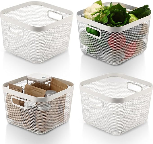 4 Pack Metal Mesh Steel Basket with Hollow Handles Square Wire Mesh Open Bin Fruit Storage Basket for Kitchen Bathroom Picnic Shopping Cabinet Home Items (Large,White)