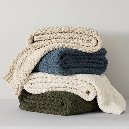 EVERGRACEHOME Chunky Chenille Knit Throw Blanket for Couch, Soft Luxurious Moss Stitch Blankets for Bed, Cozy Decorative Farmhouse Knitted Throws for Sofa, Ivory White, 60" x 80"