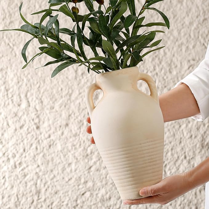 White Ceramic Rustic Flower Vase, 10.83 Inch Pottery Modern Vase for Shelf, Tabletop, Vintage Farmhouse Home Decor for Coffee Table, Living Room, Mantle, Fireplace, Entryway