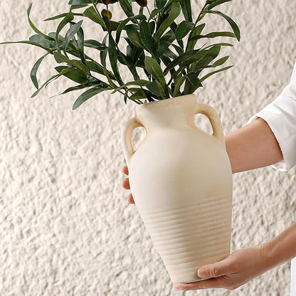 White Ceramic Rustic Flower Vase, 10.83 Inch Pottery Modern Vase for Shelf, Tabletop, Vintage Farmhouse Home Decor for Coffee Table, Living Room, Mantle, Fireplace, Entryway