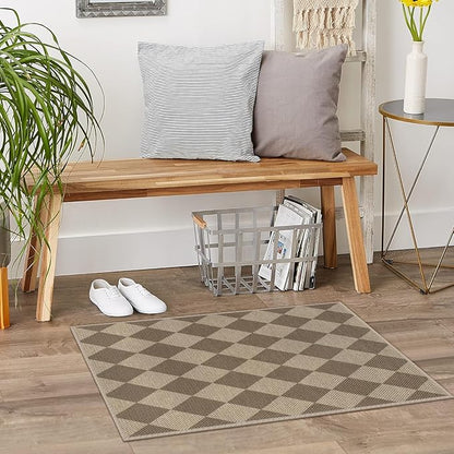 Easy Jute Checkered Entryway Rug, 2x3 Brown Modern Indoor Outdoor Doormat, Washable Non-Slip Neutral Small Kitchen Rug Farmhouse Diamond Throw Rugs for Entrance Bedroom Bathroom