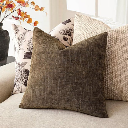 Foindtower Pack of 2 Soft Textured Chenille Throw Decorative Pillow Covers Square Accent Solid Cushion Cover Neutral Farmhouse Pillow Case for Couch Sofa Bedroom Living Room 16x16 Inch,Taupe Brown
