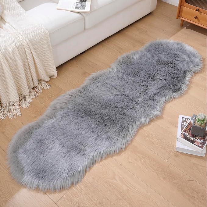 Faux Fur Rug Runner 2x6 ft Gery - Machine Washable Super Soft Plush Shaggy Fluffy Area Carpet,Sheepskin Rug Fuzzy Floor Mat for Bedroom, Sofa,Living Room, Bedside, Nursery & Kids Room