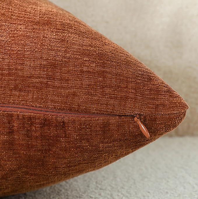 Terracotta Chenille Decorative Couch Throw Pillow Covers, Soft Cushion Cases for Home Livingroom Sofa Décor, Pack of 2, 20 x 20 Inches