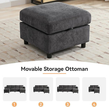 83”Modular Convertible L Shaped Couch Set for Living Room, Modern 4 Seat Storage Modular Couch with Movable Ottoman, Chenille(Dark Grey)