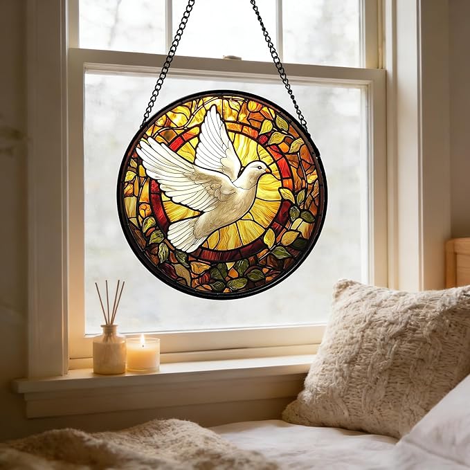 DASTOLL Stained Glass Window Hanging, Flying White Dove Sun Catchers Diamond Glass Panel Hangings Cute Birds Suncatcher Decor for Birthday for Women, Men, Wife, Aunt, and Mom 11.8 in