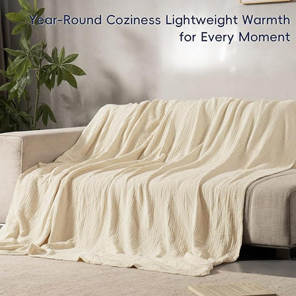 PHF 100% Cotton Muslin Blanket Twin XL Size 66"x90", 4-Layer Lightweight Gauze Throw, Breathable Cloud-Soft Minimalist Blanket for Bed, Couch, Camping & Baby, Beige/Short Bread, Ideal Gift