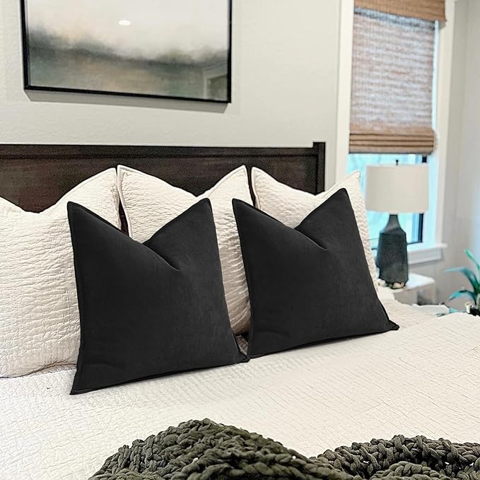 ZWJD Black Pillow Covers 22x22 Set of 2 Chenille Throw Pillow Covers with Elegant Design Soft and Luxurious Decorative Throw Pillows for Couch, Bed, and Home Decor