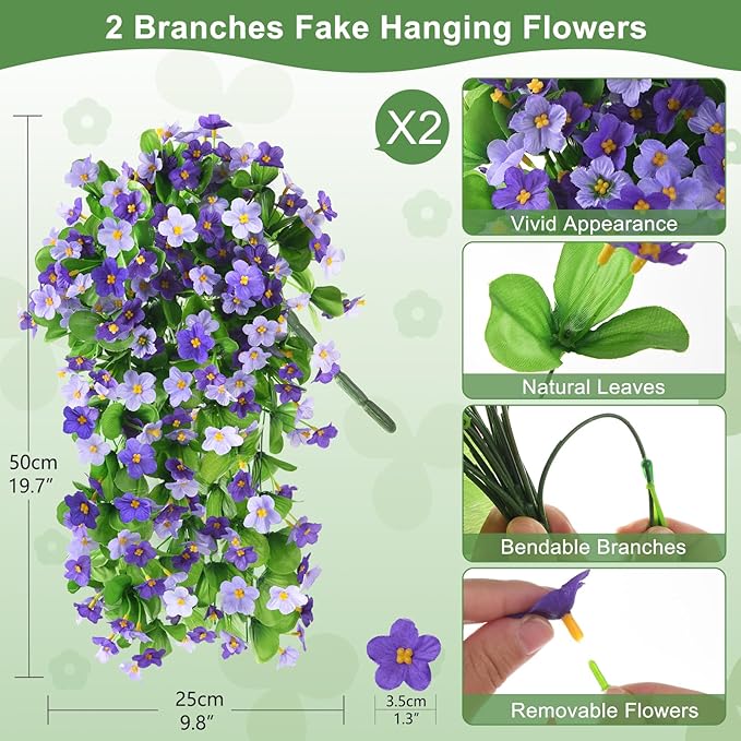 2 Pack Artificial Hanging Flowers, Fake Flowers Hanging Plant Violet Flower, Artificial Faux Silk Spring Flower for Wall Front Door Yard Garden Wedding Outdoor Decoration(Dark Orchid)