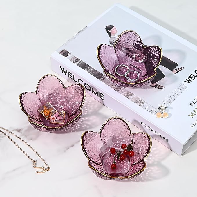 Koythin 2-Piece Glass Jewelry Tray, Small Trinket Holder for Necklace Bracelet Earring, Ring Holders for Bathroom, Aesthetic Trinket Dish, Flower Nightstand Decor for Girl Mom (Purple)
