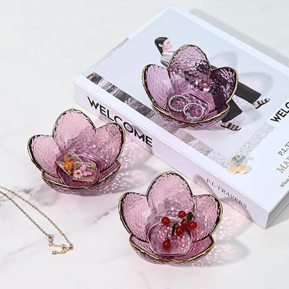 Koythin 3-Piece Glass Jewelry Tray, Small Trinket Holder for Necklace Bracelet Earring, Ring Holders for Bathroom, Aesthetic Trinket Dish, Flower Nightstand Decor for Girl Mom (Purple)