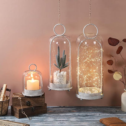 5"x7.5" Versatile Modern Metal Hurricane Lantern with Handmade Sturdy Glass Dome in Vintage White for 3" Pillar Candle & Plants, Industrial, Farmhouse, Shabby Chic