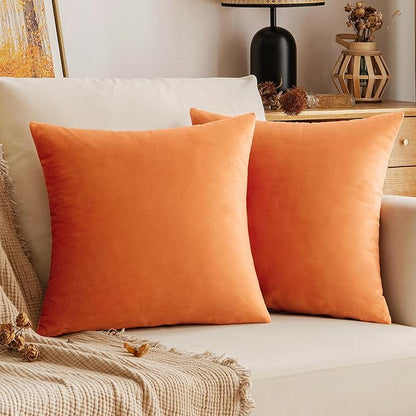 EMEMA Fall Orange Velvet Throw Pillow Covers 16x16 Inch Set of 2 Decorative Square Pillowcase Soft Solid Cushion Case for Couch Sofa Bedroom Livingroom