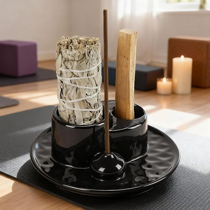 Palo Santo Sticks Holder, Multi-Purpose Handmade Ceramic Incense Burner for Palo Santo Incense Sticks, Sage Holder for Burning, Ash Catcher Tray for Meditation Yoga Room (Black)