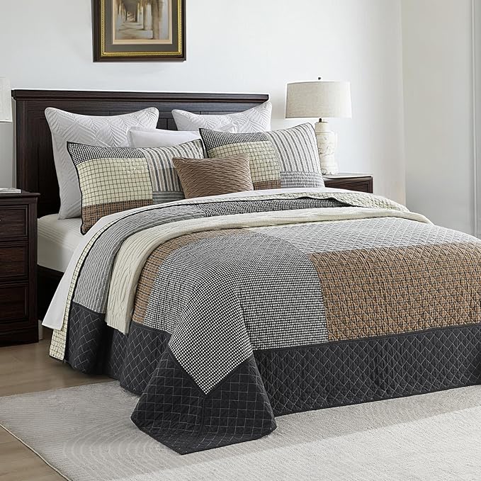 SahSahCasa 100% Cotton 120"x102" Oversized Bedspread Coverlet Quilt Set Queen Size, Queen Quilted Bedspread Extra Large Quilt, Patchwork XL Bed Spread Lightweight Comforter, Brown/Cream/Gray