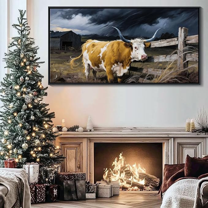Highland Cow Wall Art - Rustic Pictures for Living Room,Framed Country Wall Decor, Vintage Artwork for Walls, Longhorn Cow wall Decor - Large Farmhouse Canvas for Bedroom 24×48IN