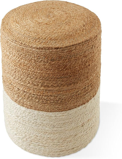 Casafield Handcrafted Braided Jute Pouf Ottoman, 14" Round x 16" High Footrest, Natural Boho Home Decor, Woven Accent Footstool for Living Room or Bedroom