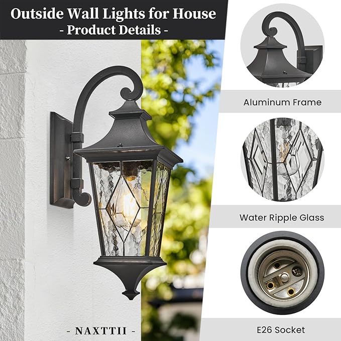 Porch Light Outdoor 14.5 Inch Black Exterior Light Fixtures 2-Pack Outside Light fixtures for House Water Reipple Handmade Solder Glass Aluminum Material and E26 Socket Downwards Installation