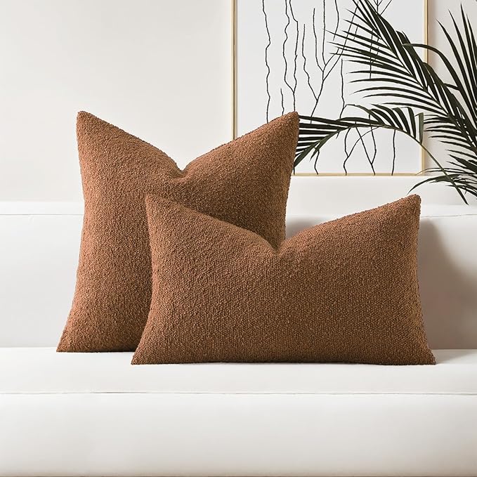 HAUSSY Set of 2 24x24 Decorative Throw Pillow Covers, Soft Cozy European Pillow Shams Textured Boucle, Home Decor for Couch Bed Living Room, Tobacco