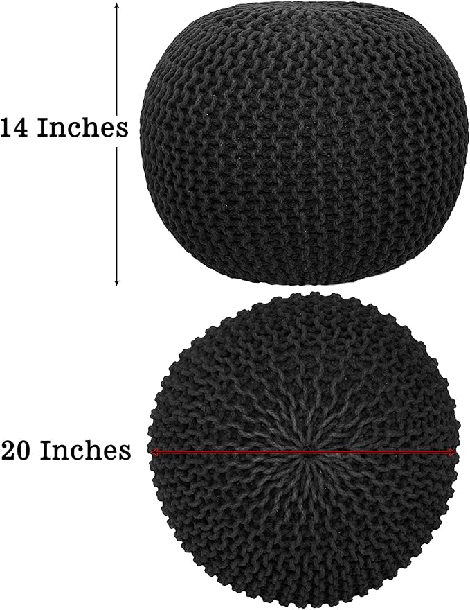 COTTON CRAFT Round Pouf - Hand Knitted Cotton Braid Cord Cable Dori Floor Pouf - Foot Stool Ottoman Footrest Accent Seat Furniture Bean Bag - Living Room Kids Room Nursery Dorm Décor - 20x14 - Black