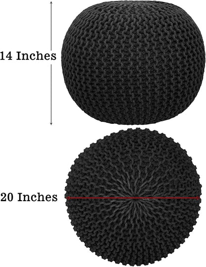 COTTON CRAFT Round Pouf - Hand Knitted Cotton Braid Cord Cable Dori Floor Pouf - Foot Stool Ottoman Footrest Accent Seat Furniture Bean Bag - Living Room Kids Room Nursery Dorm Décor - 20x14 - Black