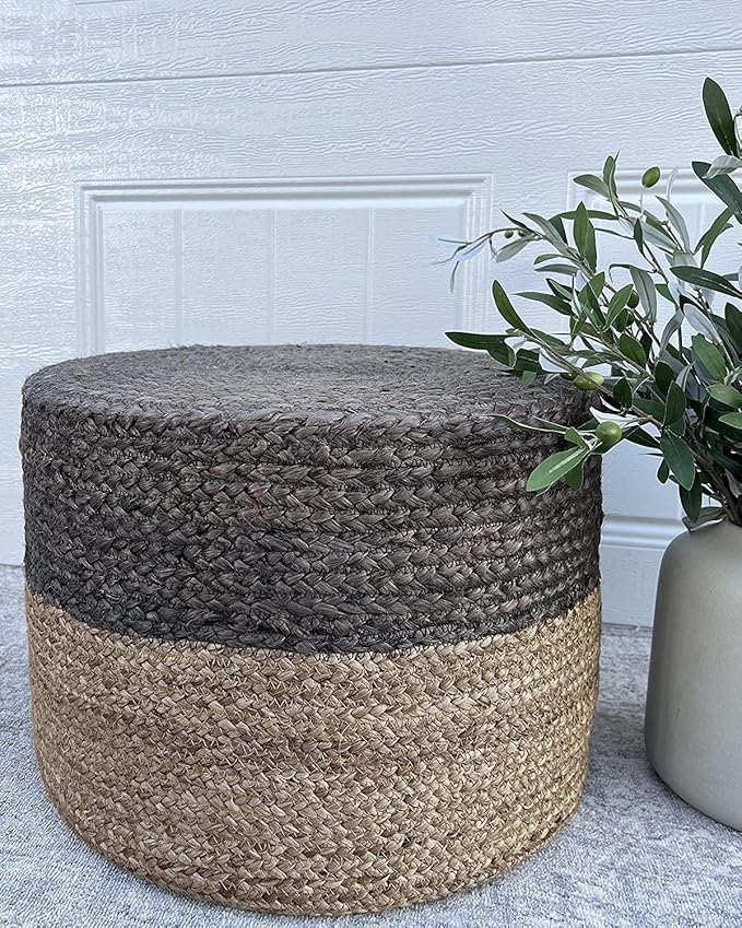 Jute Pouf Ottoman | Footrest Pouf | Hand Braided - Round Boho Pouffe - for Living Room, Bedroom, Nursery (18"x18"x12") Brown