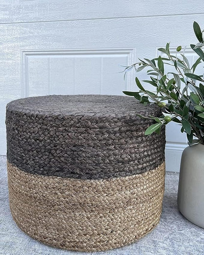 Jute Pouf Ottoman | Footrest Pouf | Hand Braided - Round Boho Pouffe - for Living Room, Bedroom, Nursery (18"x18"x12") Brown