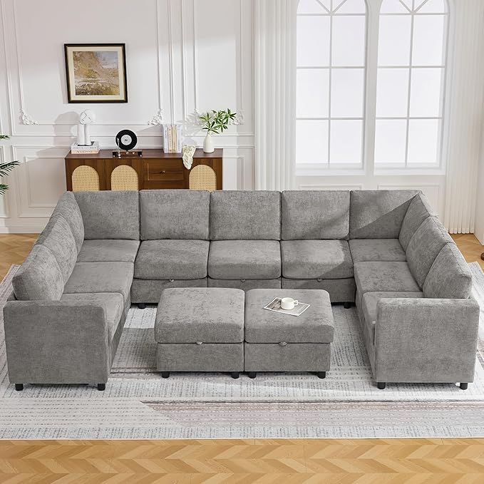 127'' Oversized U Shaped Modular Sofa, Sectional Couches with Storage for Living Room, Modern 9 Seater Cloud Sectional Couch with Movable Ottoman, Chenille Grey