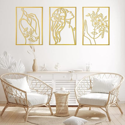 3 Pcs Gold Wall Decor Above Bed Minimalist for Living Room Metal Line Art - Female Body, Gold Room Decor for Bedroom Modern Wall Art for Indoor 15inch