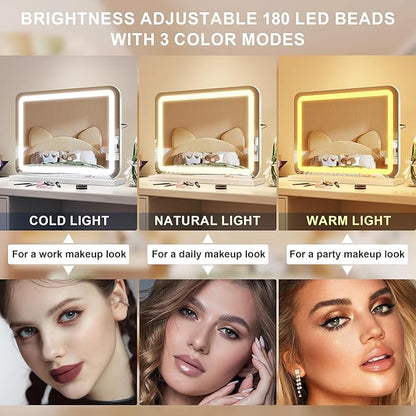STARLEAD 19" x 14" Makeup Mirror with Lights and 10X Magnification, 3-Color Dimmable LED Lighting & Touch Control, USB Charging Port for Travel/Dressing Room