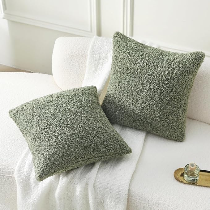 FUTEI Sage Green Throw Pillow Covers 24x24 Inch Set of 2,Furry Faux Fur Teddy Boucle Textured Cushion Covers,Soft Fluffy European Pillow Shams,Home Decor for Couch Bed Living Room Office Car