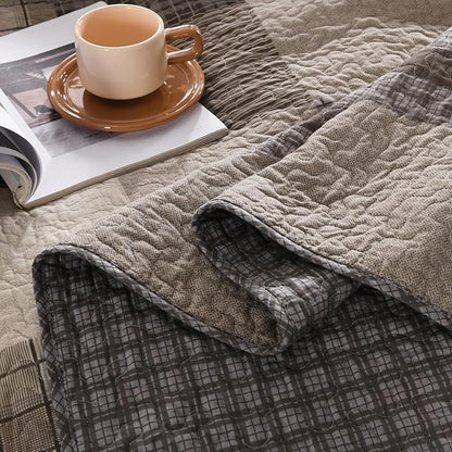 EWlinens 120"x128" Oversized California King Bedspread - 100% Cotton Lightweight Cal King Bedspreads Coverlet Set, Farmhouse Patchwork Plaid Reversible Quilts Bedding Set, 3 Pieces, Brown/Beige/Khaki