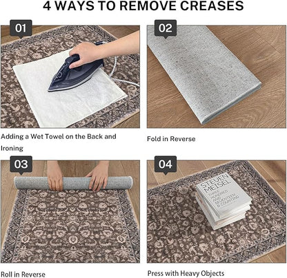 Vintage Floral 2x5 Runner, Mocha Brown Washable Hallway Runner, Non-Slip Kitchen Runner, Super Soft Thin Printed Faux Wool Carpet for Entryway, Front Door, Backdoor Bedside